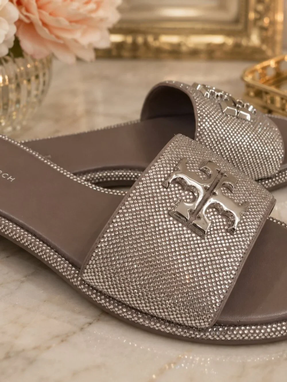 Tory Burch Crystal Silver Everly Slides